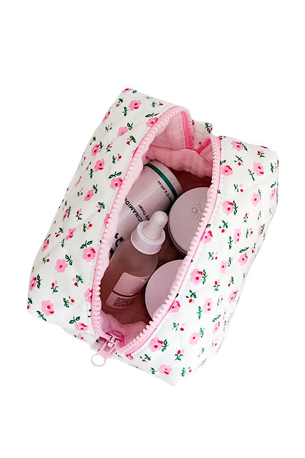 White and Pink Floral Makeup Bag