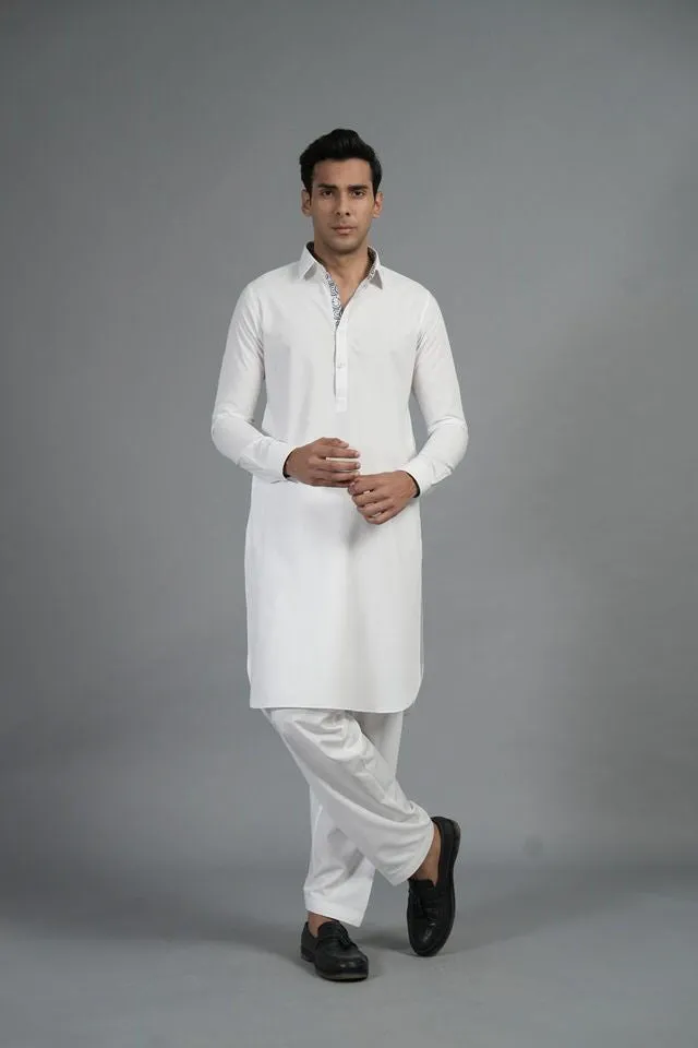 White Shalwar Kameez With Blue Squares Print SQ-10