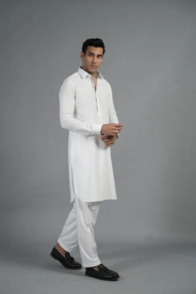 White Shalwar Kameez With Blue Squares Print SQ-10