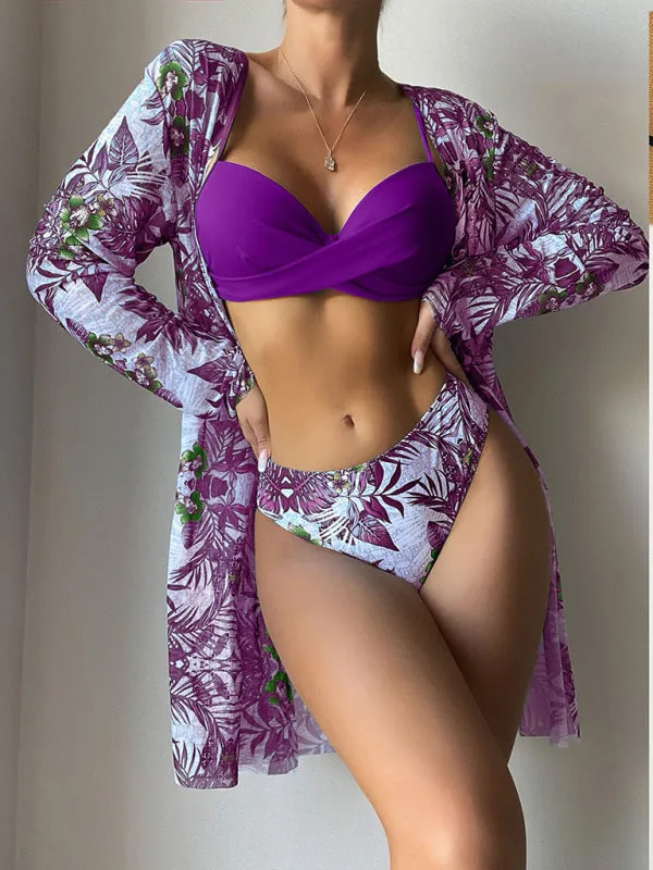 Women's Tropical Print Bikini With Matching Long Sleeve Kimono