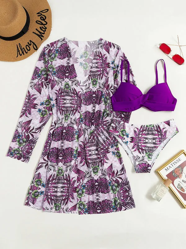 Women's Tropical Print Bikini With Matching Long Sleeve Kimono