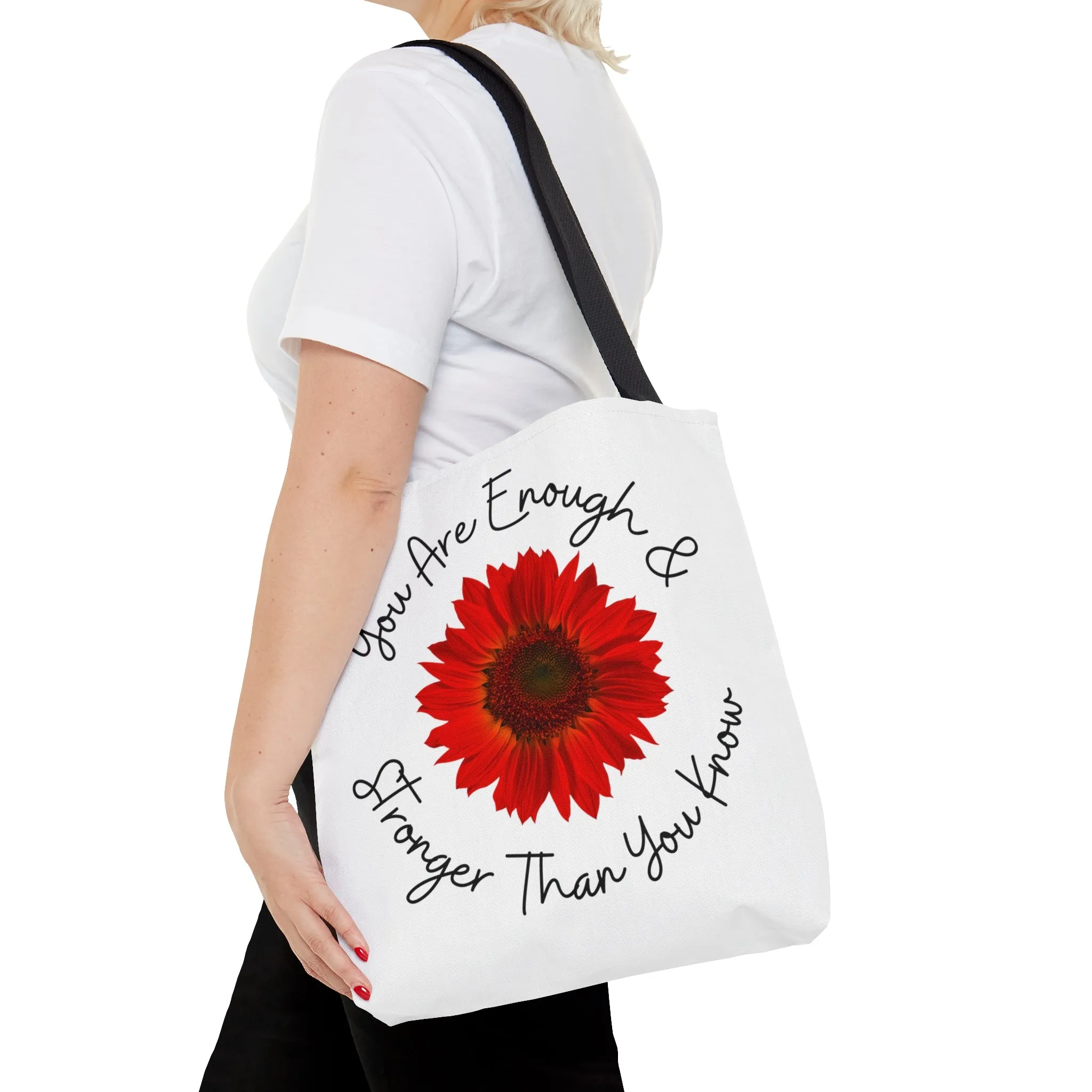 You Are Enough Tote Bag | Women's Inspirational Shoulder Bag | Stronger Than You Know Tote Bag | Red Floral Bag