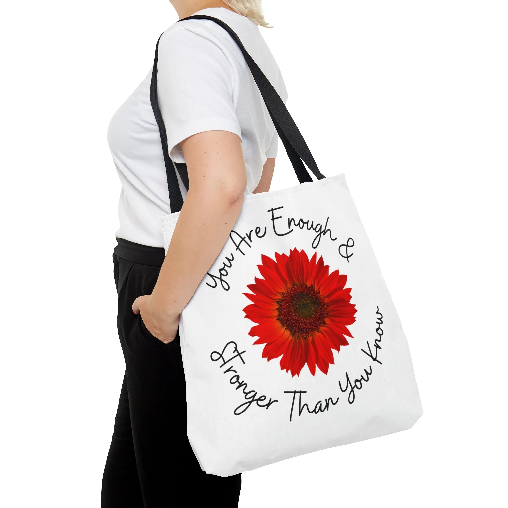 You Are Enough Tote Bag | Women's Inspirational Shoulder Bag | Stronger Than You Know Tote Bag | Red Floral Bag